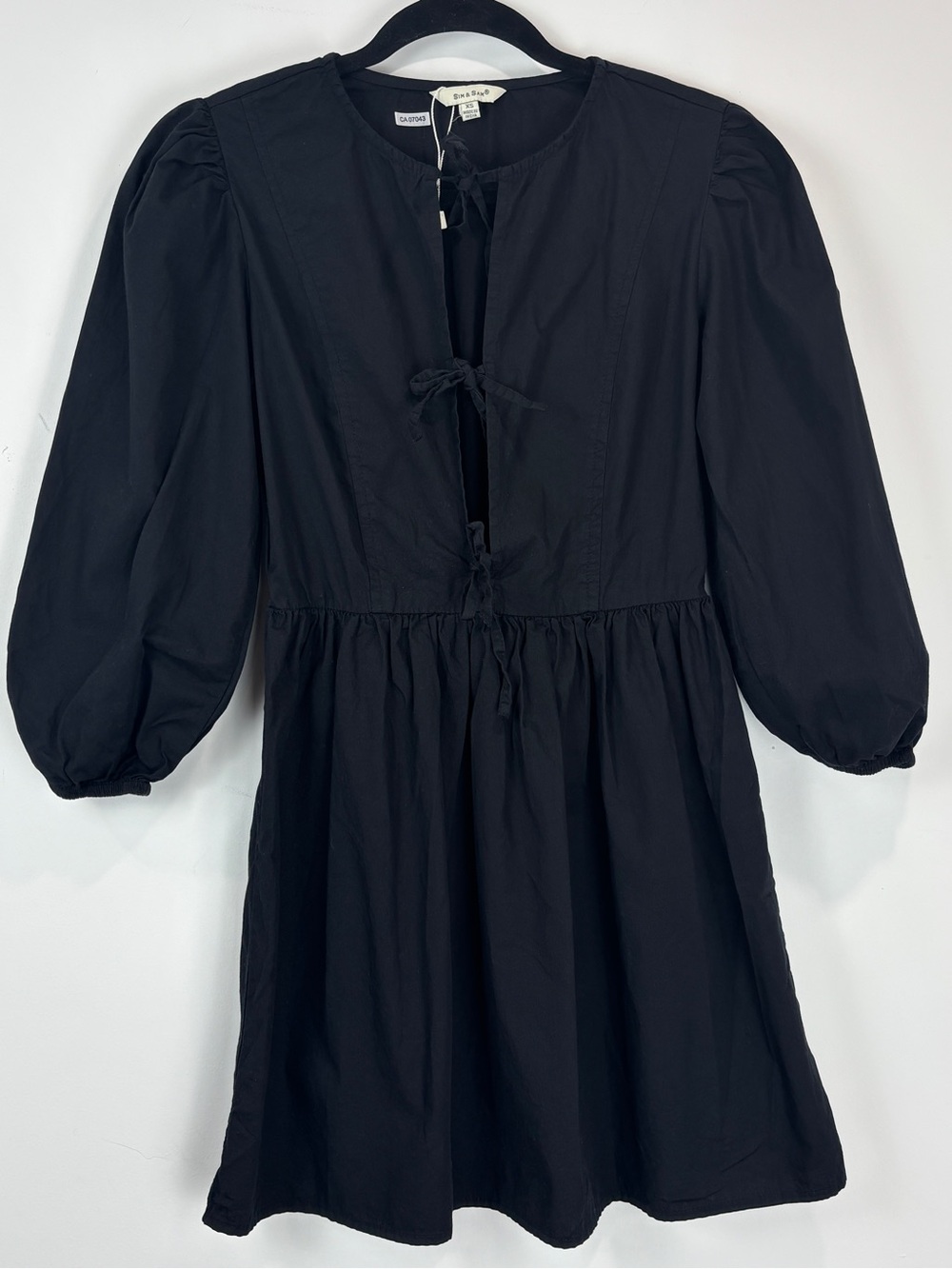 Sim & Sam Black Cotton Tie-Front Mini Dress XS Puff Sleeve Babydoll Minimalist